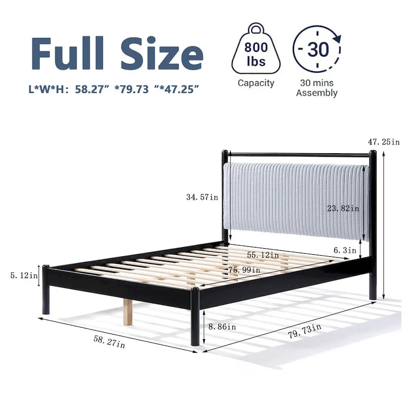 Full Size Wood Platform Bed Frame with Fluffy Soft Headboard