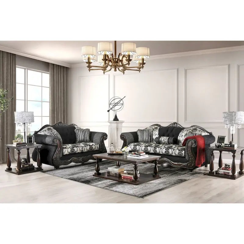 Traditional Black Fabric Semi-Firm Loveseat