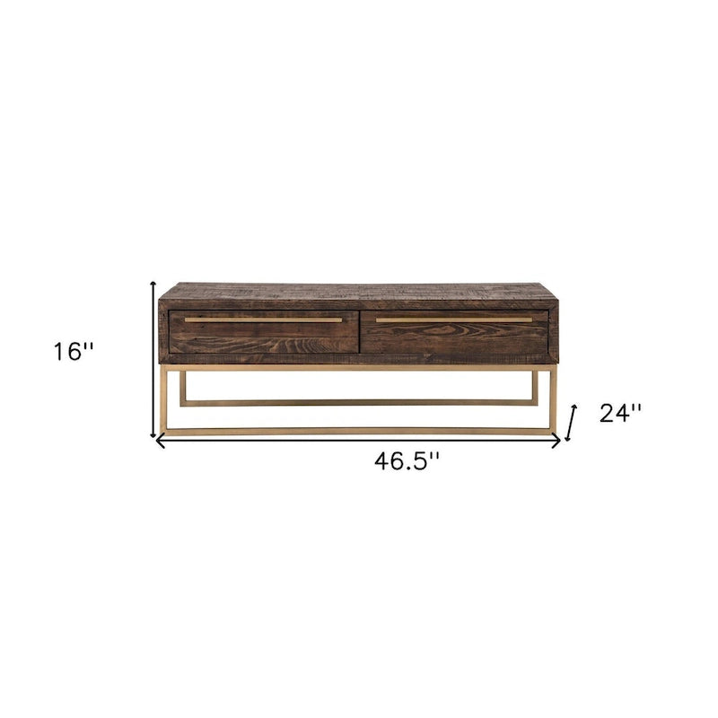 47 Dark Brown And Gold Metal Coffee Table With Drawer