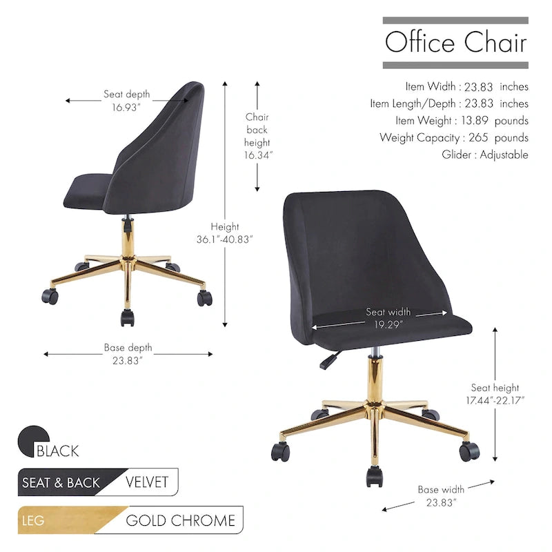 Porthos Home Ryo Swivel Office Chair, Velvet, Gold Chrome Legs