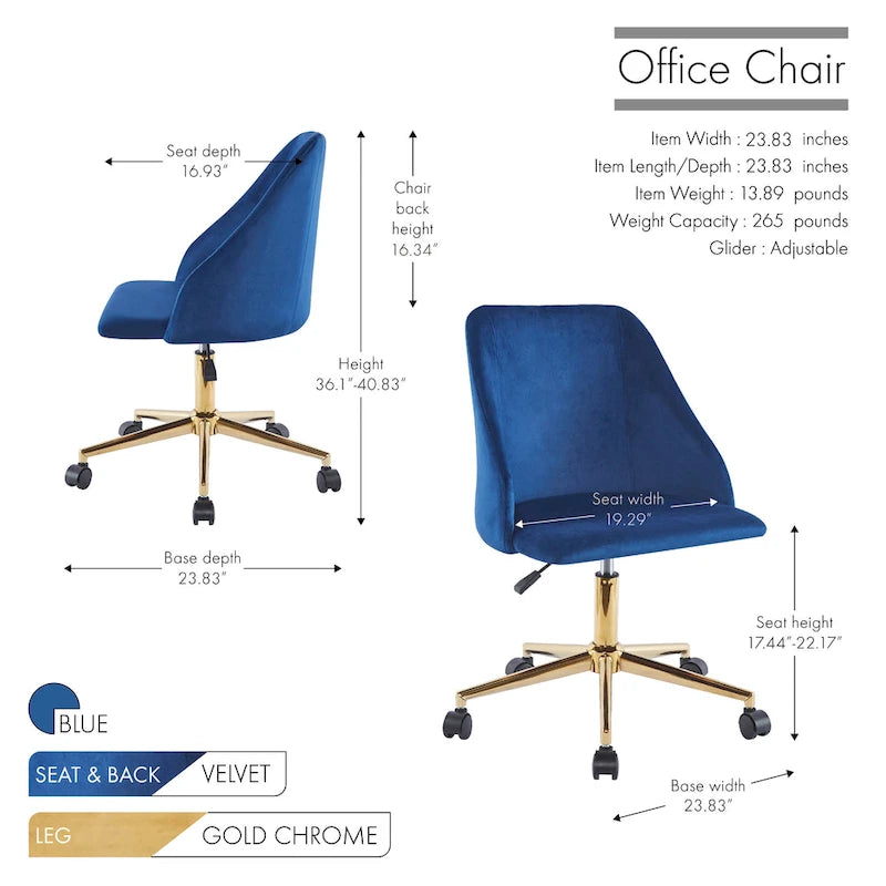 Porthos Home Ryo Swivel Office Chair, Velvet, Gold Chrome Legs
