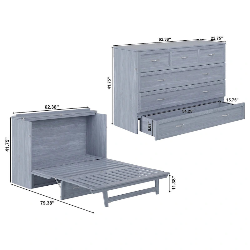 Queen Murphy Bed Chest with Mattress in Driftwood