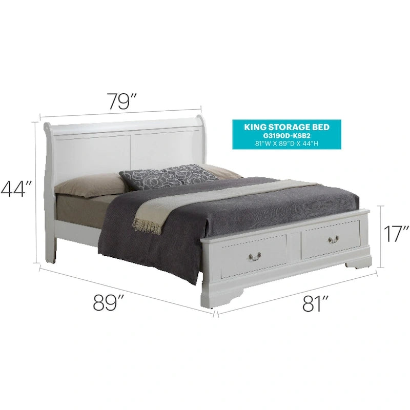 Louis Philippe King Storage Wood Panel Bed