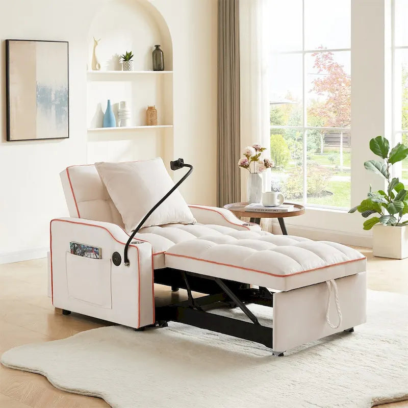 Convertible Sleeper Sofa Bed with USB-Port and Cup Holders