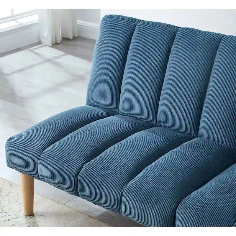 Corduroy Fabric, Wooden Legs Convertible Sofa Bed (Color:Blue)