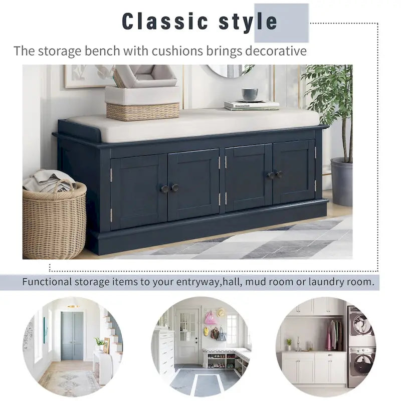 Entryway Storage Bench with 4 Doors and Adjustable Shelves