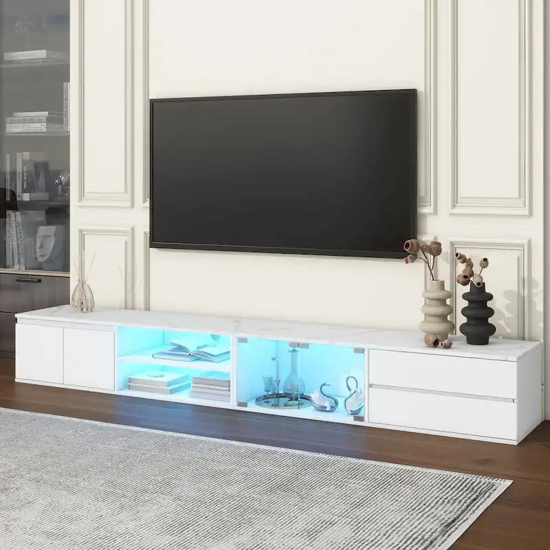 LED TV Stand for TVs Up to 105,Media Console with Tempered Glass Doors, Entertainment Center with 2 Drawers & Cabinets