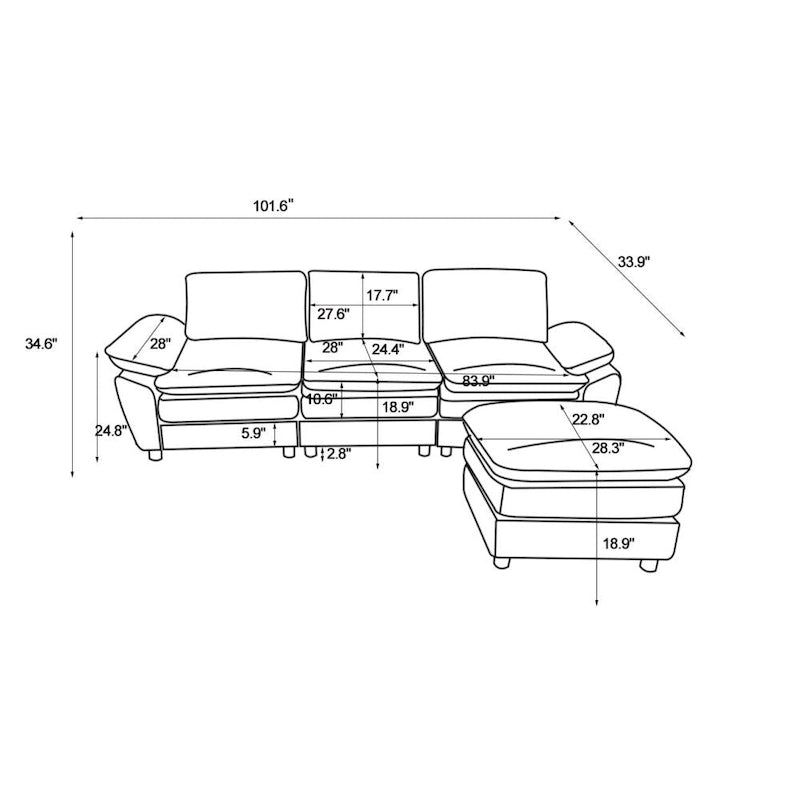 Modern Deep 3-Seat Sofa Couch